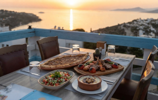 Muğla lezzet rotası için Başko sahil restoranında pide ve ızgara sunumu