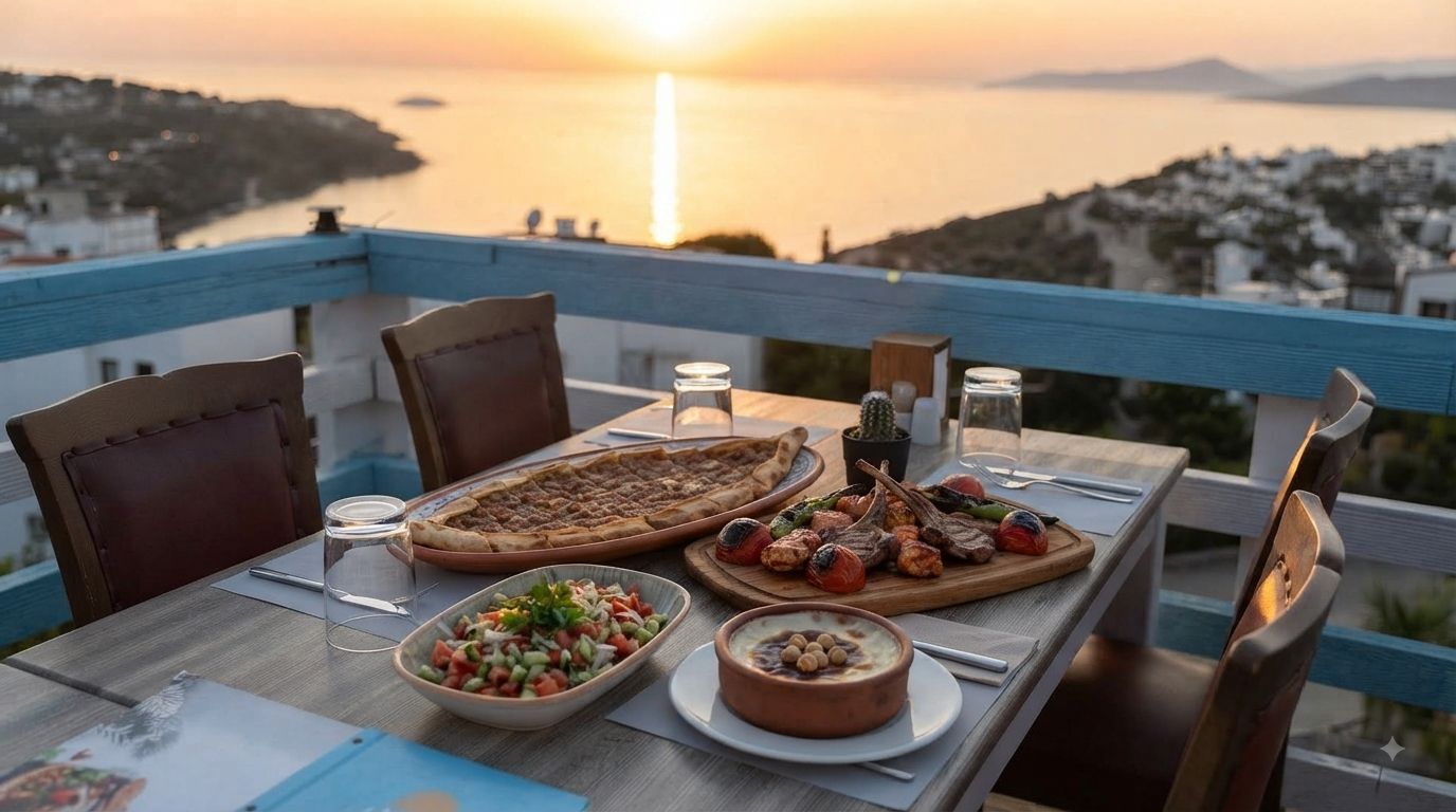 Muğla lezzet rotası için Başko sahil restoranında pide ve ızgara sunumu
